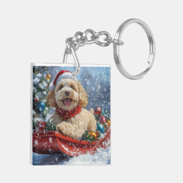 Cockapoo Dog in Sledge Let it Snow Christmas Key Ring (Back Left)