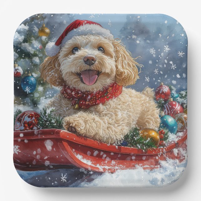 Cockapoo Dog in Sledge Let it Snow Christmas Paper Plate (Front)