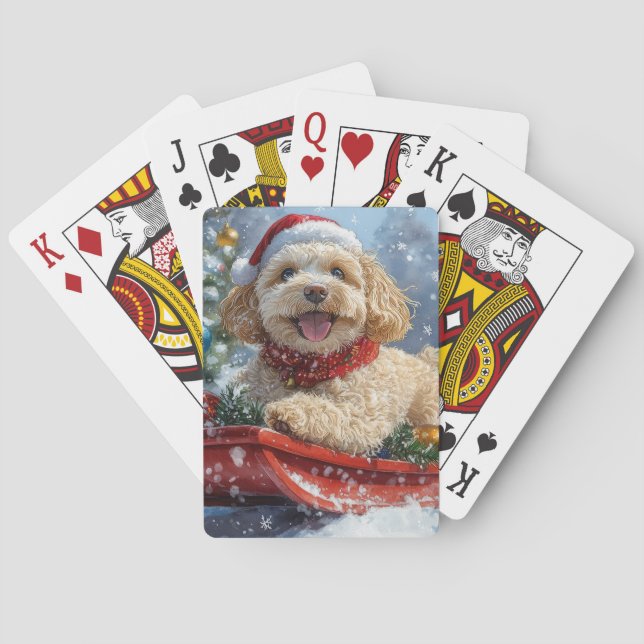 Cockapoo Dog in Sledge Let it Snow Christmas Playing Cards (Back)