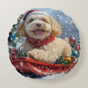 Cockapoo Dog in Sledge Let it Snow Christmas Round Cushion
