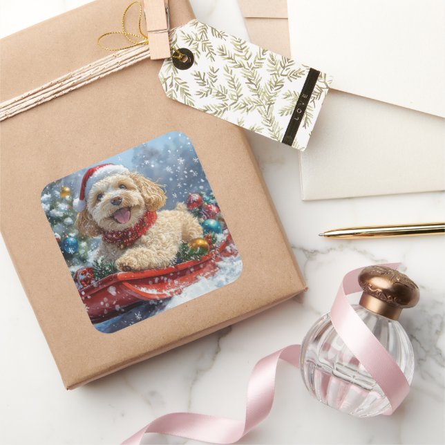 Cockapoo Dog in Sledge Let it Snow Christmas Square Sticker (Gifting)