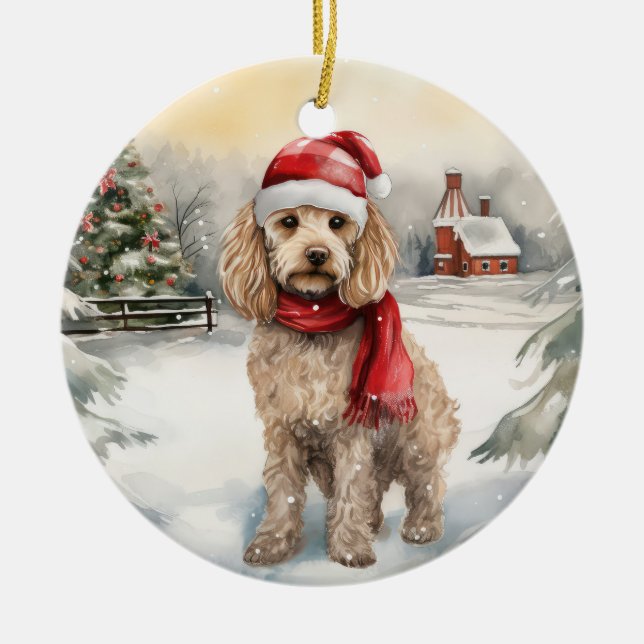 Cockapoo Dog in Snow Christmas  Ceramic Ornament (Front)