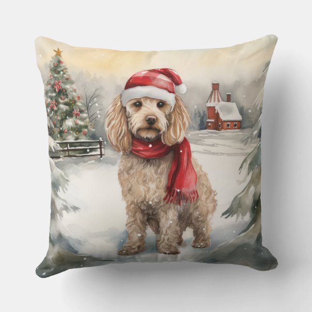 Cockapoo Dog in Snow Christmas  Cushion (Back)
