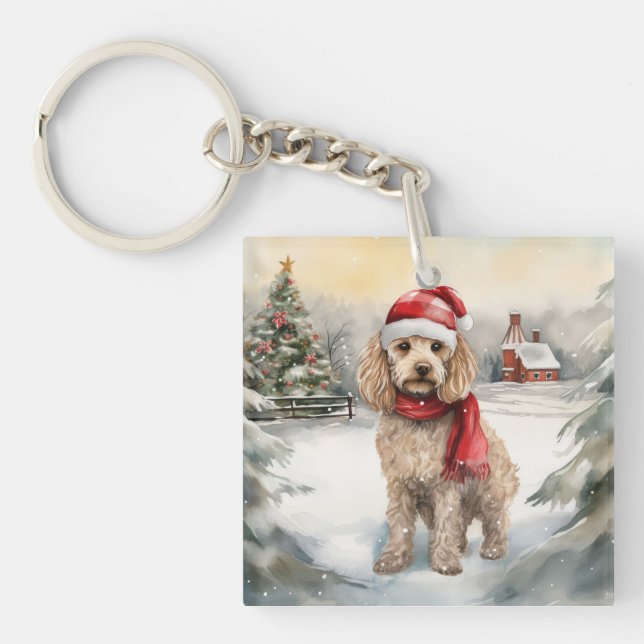 Cockapoo Dog in Snow Christmas  Key Ring (Front)