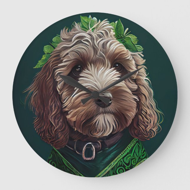 Cockapoo Dog in St. Patrick's Day Dress Large Clock (Front)