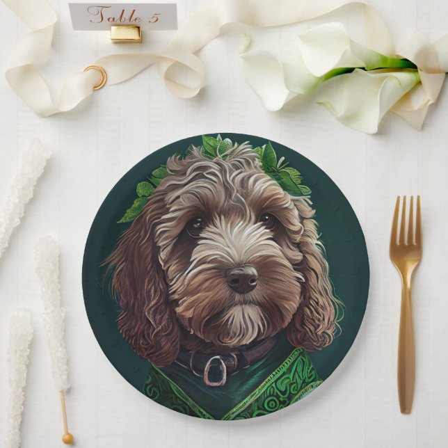 Cockapoo Dog in St. Patrick's Day Dress Paper Plate (Wedding)