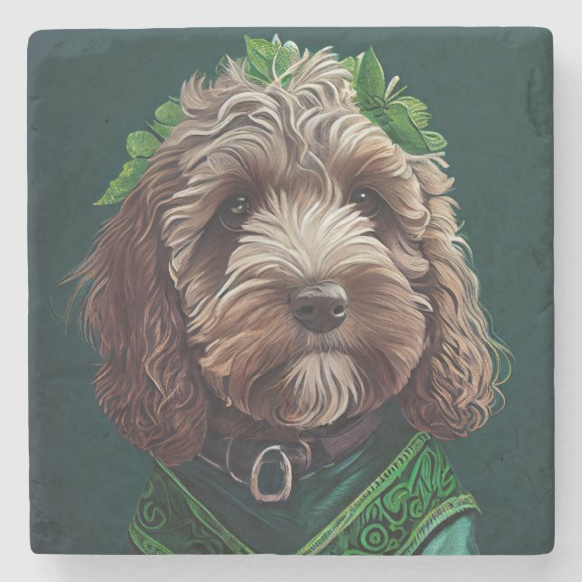 Cockapoo Dog in St. Patrick's Day Dress Stone Coaster (Front)