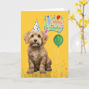 Cockapoo Dog Party Hat Yellow Birthday Card