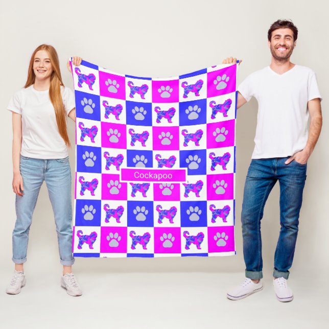 Cockapoo Dog & Paw Hot Pink and Blue Fleece Blanket (In Situ)