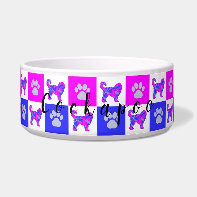 Cockapoo Dog & Paw Hot Pink & Blue Pet Bowl (Front)