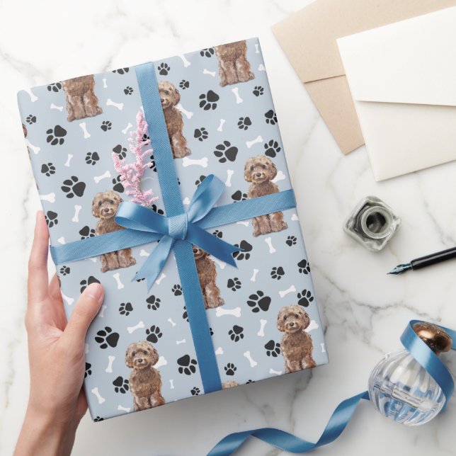 Cockapoo Dog Paw Print Pattern on Silver Blue Wrapping Paper (Gifting)