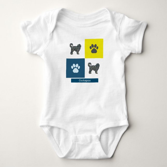 Cockapoo Dog & Paw Y&B Grid Square Baby Bodysuit (Front)