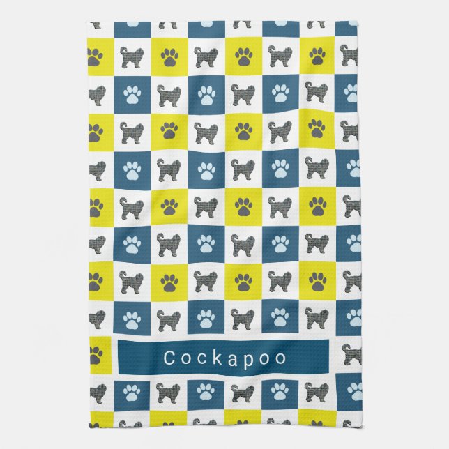 Cockapoo Dog & Paw Yellow & Blue Grid Tea Towel (Vertical)