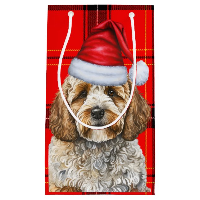 Cockapoo Dog Red Holiday Plaid Christmas Small Gift Bag (Front)
