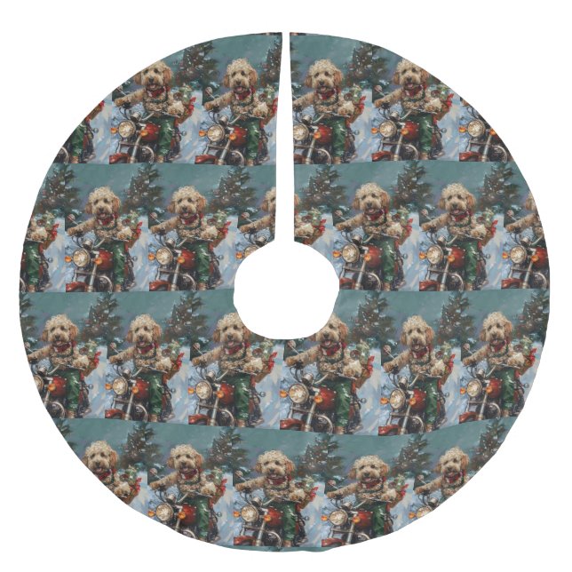 Cockapoo Dog Riding Motorcycle Christmas Brushed Polyester Tree Skirt (Front)