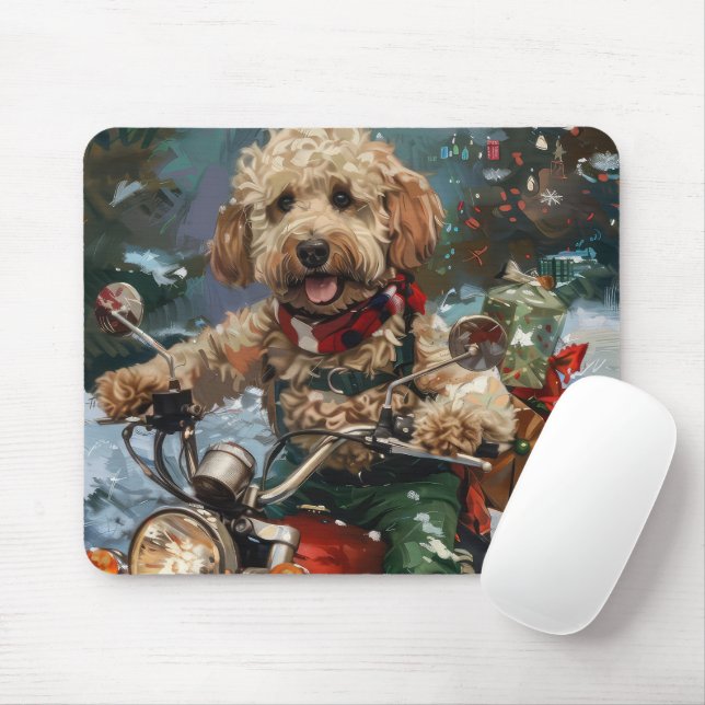 Cockapoo Dog Riding Motorcycle Christmas Mouse Pad (With Mouse)