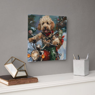 Cockapoo Dog Riding Motorcycle Christmas Square Wall Clock