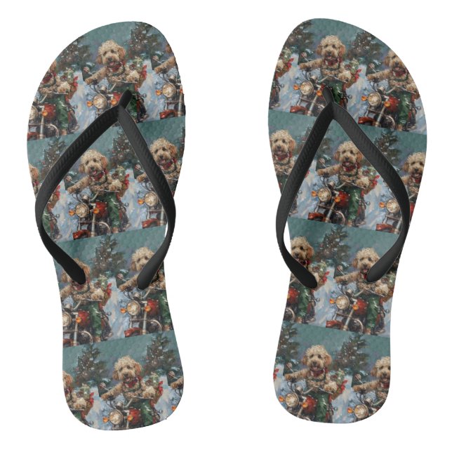 Cockapoo Dog Riding Motorcycle Christmas Thongs (Footbed)
