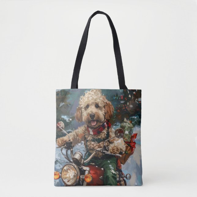 Cockapoo Dog Riding Motorcycle Christmas Tote Bag (Front)