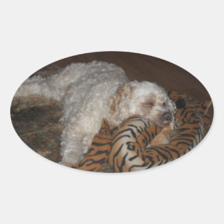 Cockapoo dog rleaxing on his tiger striped bed oval sticker