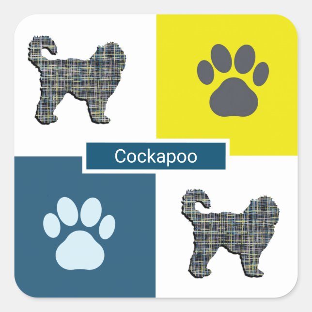 Cockapoo Dog Silhouette & Paw Y&B Grid Square Sticker (Front)