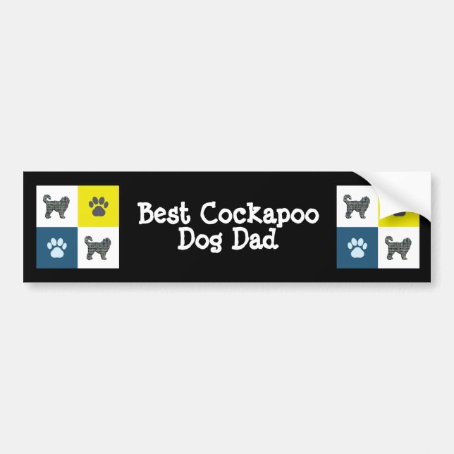 Cockapoo Dog Silhouette Yellow & Blue Grid Bumper Sticker (Front)