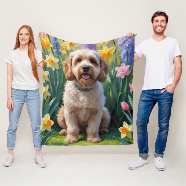 Cockapoo Dog Spring Flowers Painting Fleece Blanket (In Situ)