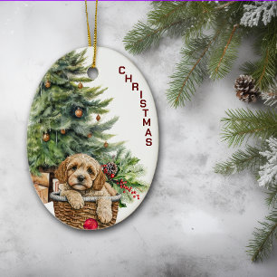 Cockapoo Dog Wicker Basket Christmas Ceramic Ornament