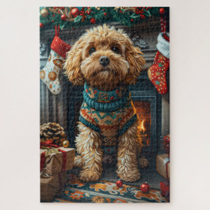 Cockapoo Dog With Christmas Gifts Fireplace Jigsaw Puzzle