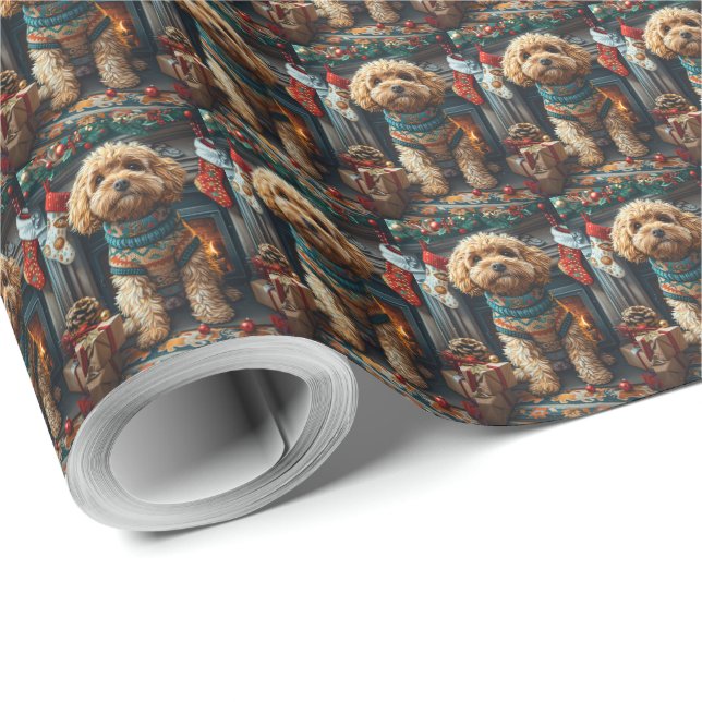 Cockapoo Dog With Christmas Gifts Fireplace Wrapping Paper (Roll Corner)