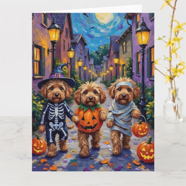 Cockapoo Dogs Trick-or-Treating Halloween Costume Card (Yellow Flower)