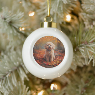 Cockapoo in Autumn Leaves Fall Inspire Ceramic Ball Christmas Ornament