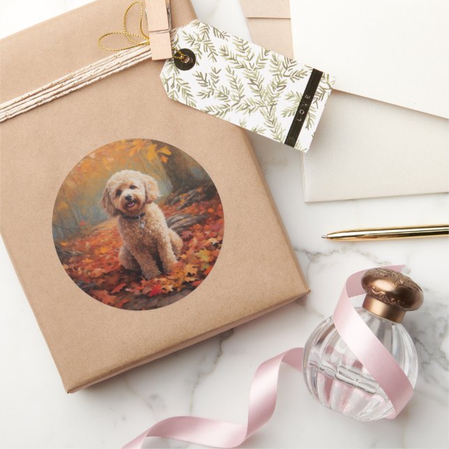 Cockapoo in Autumn Leaves Fall Inspire Classic Round Sticker (Gifting)