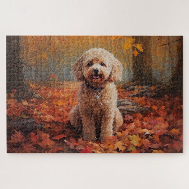 Cockapoo in Autumn Leaves Fall Inspire Jigsaw Puzzle (Horizontal)