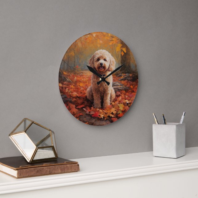 Cockapoo in Autumn Leaves Fall Inspire Large Clock (Office)