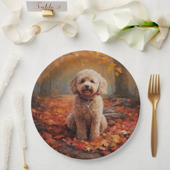 Cockapoo in Autumn Leaves Fall Inspire Paper Plate (Wedding)
