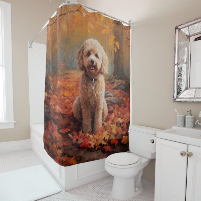 Cockapoo in Autumn Leaves Fall Inspire Shower Curtain (In Situ)
