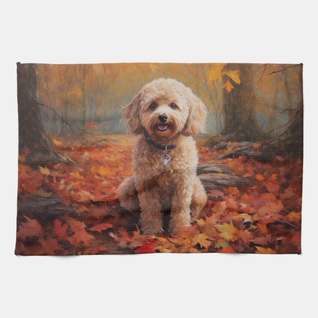 Cockapoo in Autumn Leaves Fall Inspire Tea Towel (Horizontal)