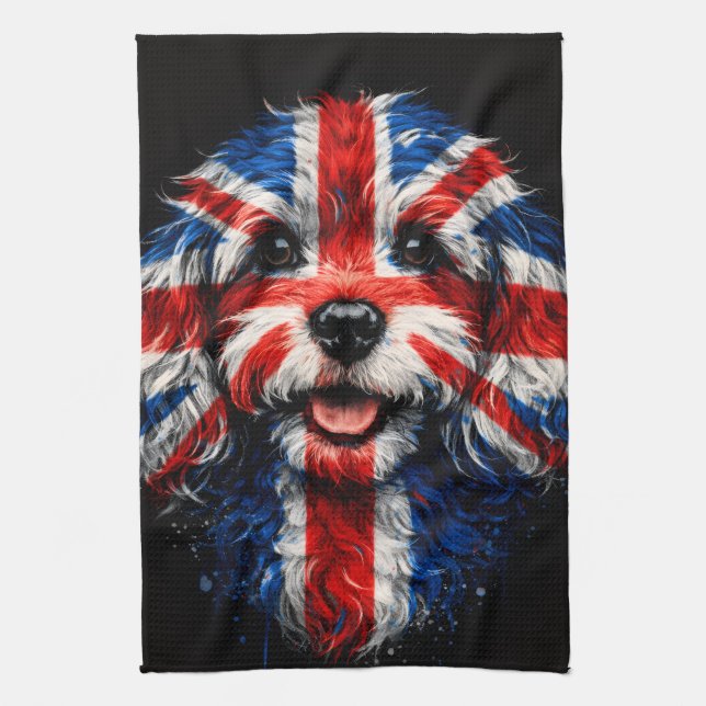 Cockapoo kitchen Union Jack British Dog towel (Vertical)