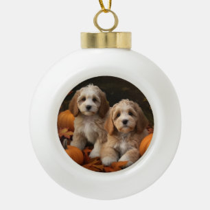 Cockapoo Puppy Autumn Delight Pumpkin  Ceramic Ball Christmas Ornament