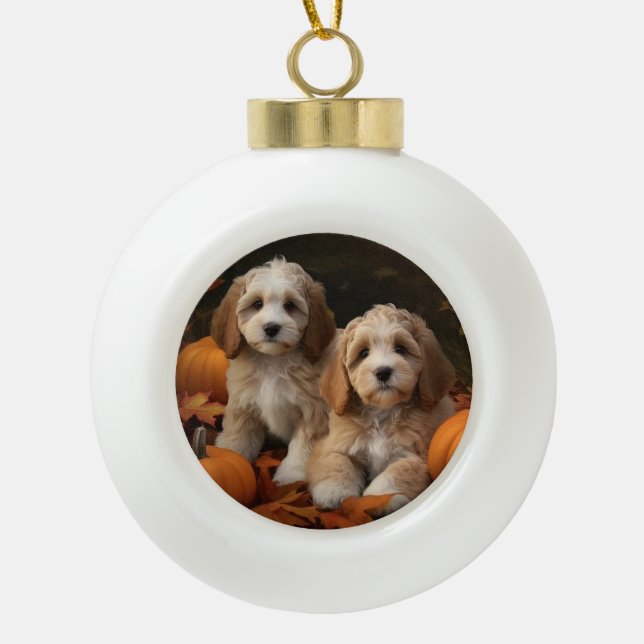 Cockapoo Puppy Autumn Delight Pumpkin  Ceramic Ball Christmas Ornament (Front)