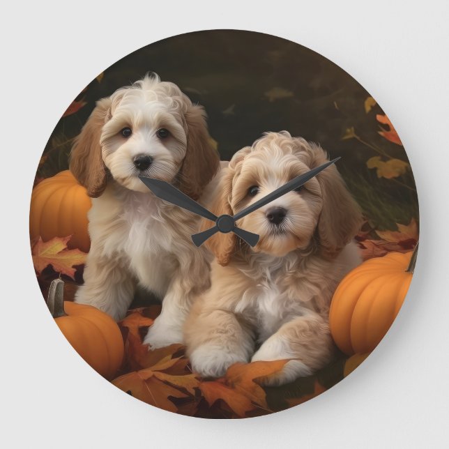 Cockapoo Puppy Autumn Delight Pumpkin  Large Clock (Front)