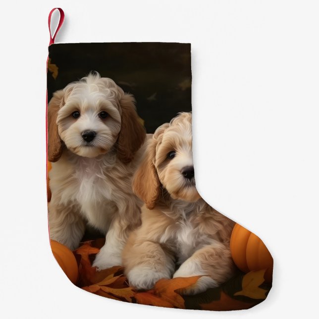 Cockapoo Puppy Autumn Delight Pumpkin  Small Christmas Stocking (Front)