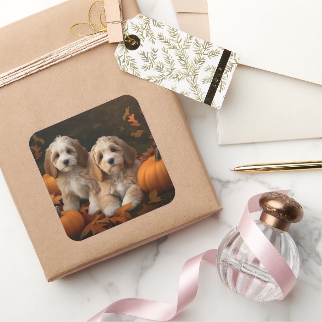 Cockapoo Puppy Autumn Delight Pumpkin  Square Sticker (Gifting)