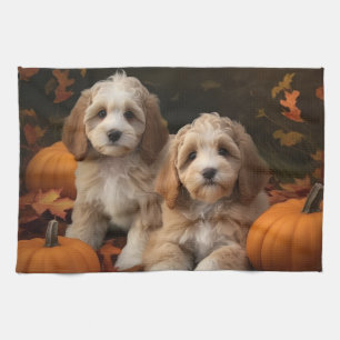 Cockapoo Puppy Autumn Delight Pumpkin Tea Towel