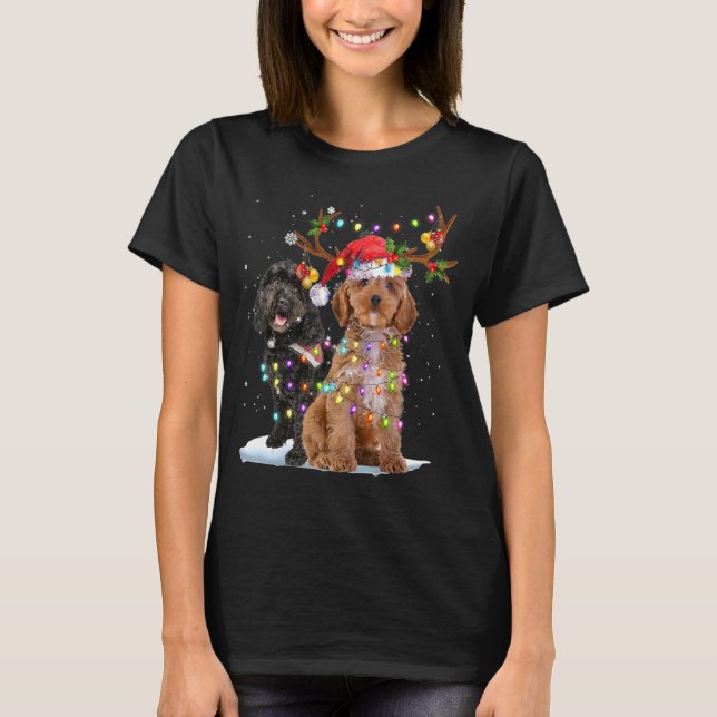 Cockapoo Reindeer Santa Hat Xmas Lights Christmas  T-Shirt (Front)