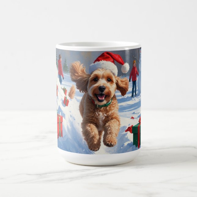 Cockapoo Running in Snow with Christmas Hat Coffee Mug (Center)
