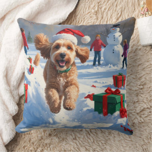 Cockapoo Running in Snow with Christmas Hat Cushion