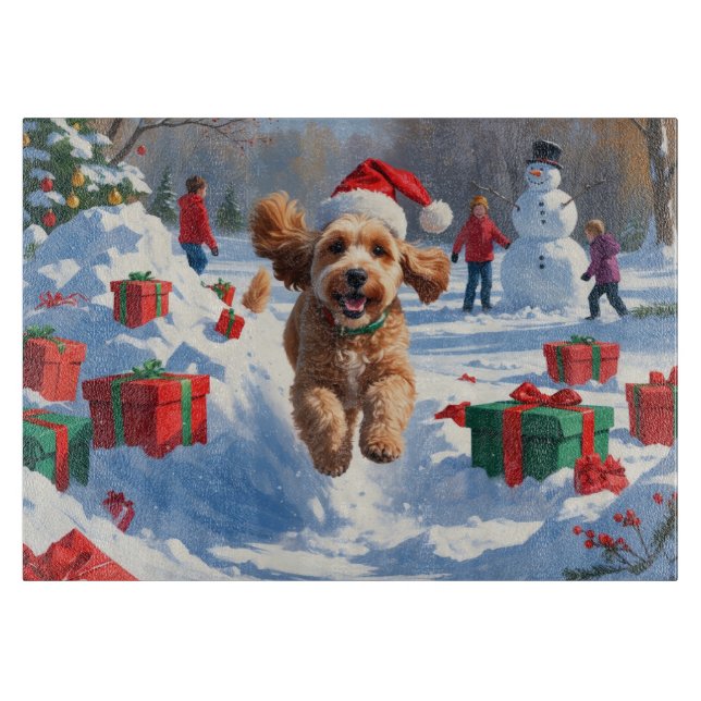 Cockapoo Running in Snow with Christmas Hat Cutting Board (Front)