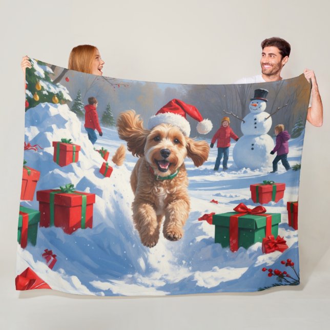 Cockapoo Running in Snow with Christmas Hat Fleece Blanket (In Situ)